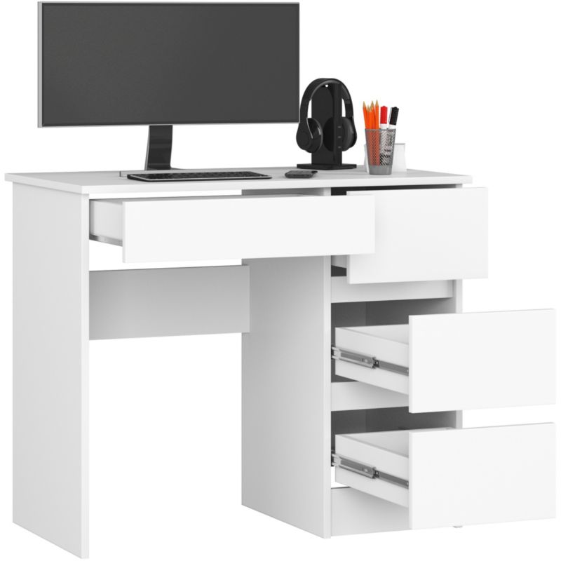 Počítačový stůl Akord A7, bílý, 90 cm, pravý, 4 zásuvky, matná bílá barva, 90x50x77 cm, 1 ks.