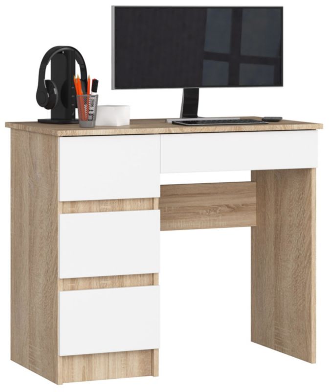 Biurko komputerowe Akord A7 Dąb Sonoma 90 cm lewe 4 szuflady kolor Biały mat 90x50x77 cm 1 szt.