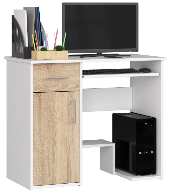 Biurko komputerowe Akord Jay Białe 90 cm 1 drzwi 1 szuflada kolor Dąb Sonoma mat 3 półki 90x50x74 cm 1 szt.