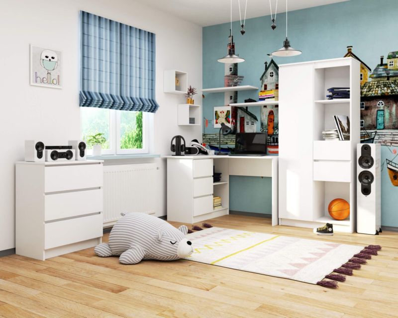 Biurko narożne Akord B16 Białe 124 cm lewe 3 szuflady kolor Biały mat 2 półki 124x85x77 cm 1 szt.