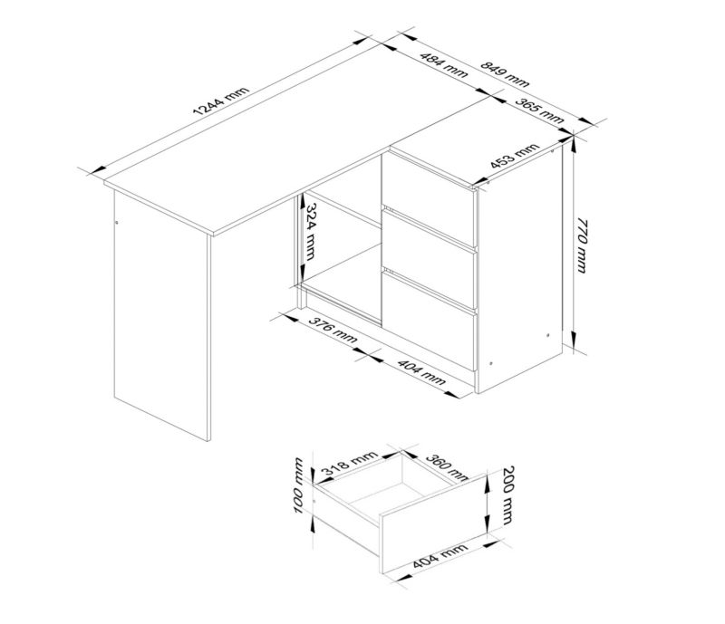 Biurko narożne Akord B16 Białe 124 cm prawe 3 szuflady kolor Biały mat 2 półki 124x85x77 cm 1 szt.