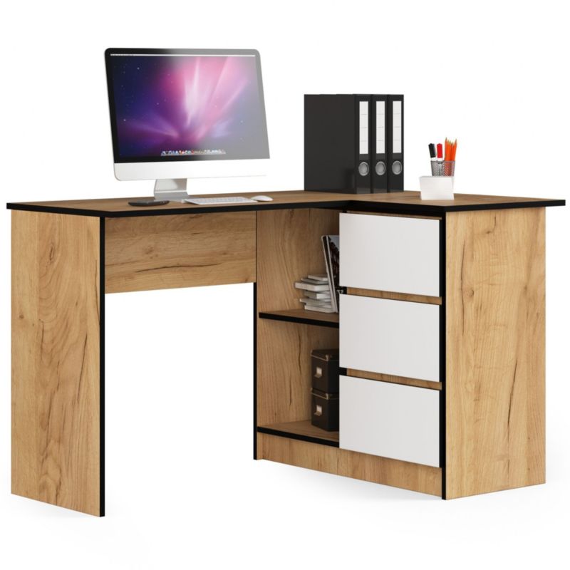 Biurko narożne Akord B16 Dąb Craft 124 cm prawe 3 szuflady kolor Biały mat 2 półki 124x85x77 cm 1 szt.