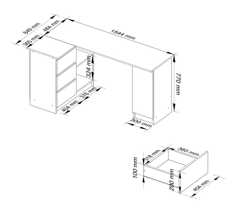 Biurko narożne Akord B20 Białe 155 cm lewe 1 drzwi 3 szuflady kolor Biały mat 4 półki 155x85x77 cm 1 szt.