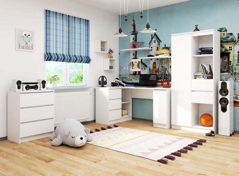 Biurko narożne Akord B20 Białe 155 cm lewe 1 drzwi 3 szuflady kolor Biały mat 4 półki 155x85x77 cm 1 szt.