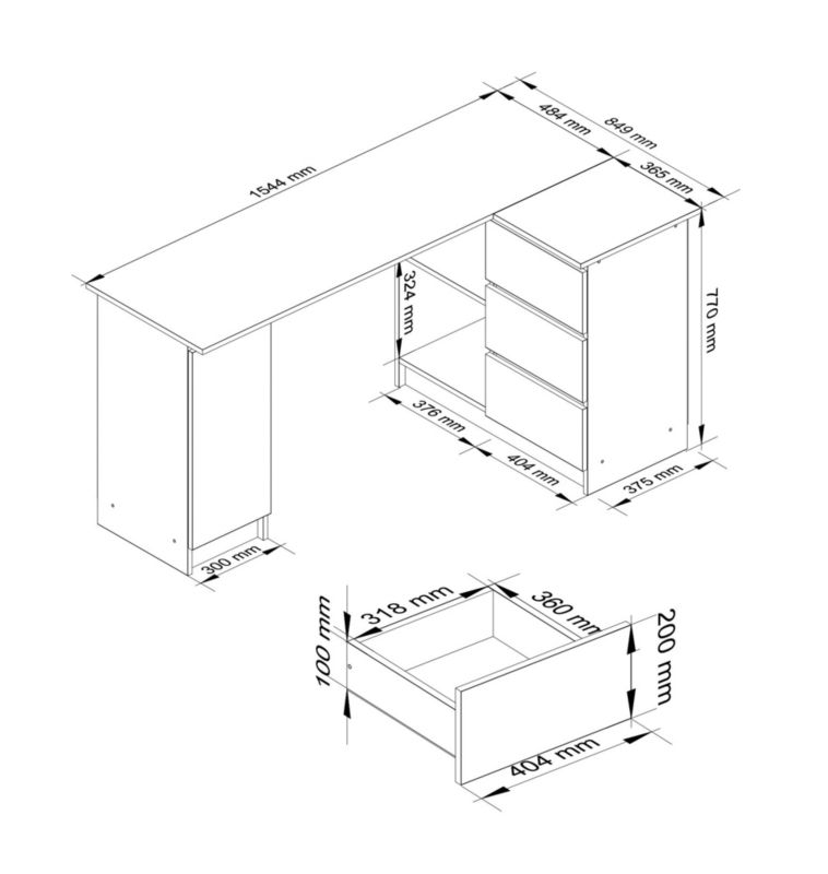Biurko narożne Akord B20 Białe 155 cm prawe 1 drzwi 3 szuflady kolor Biały mat 4 półki 155x85x77 cm 1 szt.