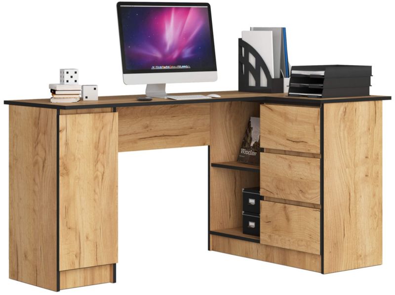 Biurko narożne Akord B20 Dąb Craft 155 cm prawe 1 drzwi 3 szuflady kolor Dąb Craft mat 4 półki 155x85x77 cm 1 szt.