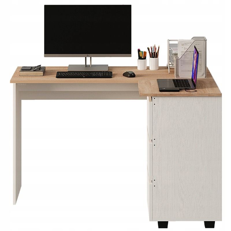 Rebiko rohový psací stůl s knihovnou, police na počítač, 3 zásuvky, moderní loft, 120 cm, 1 ks.