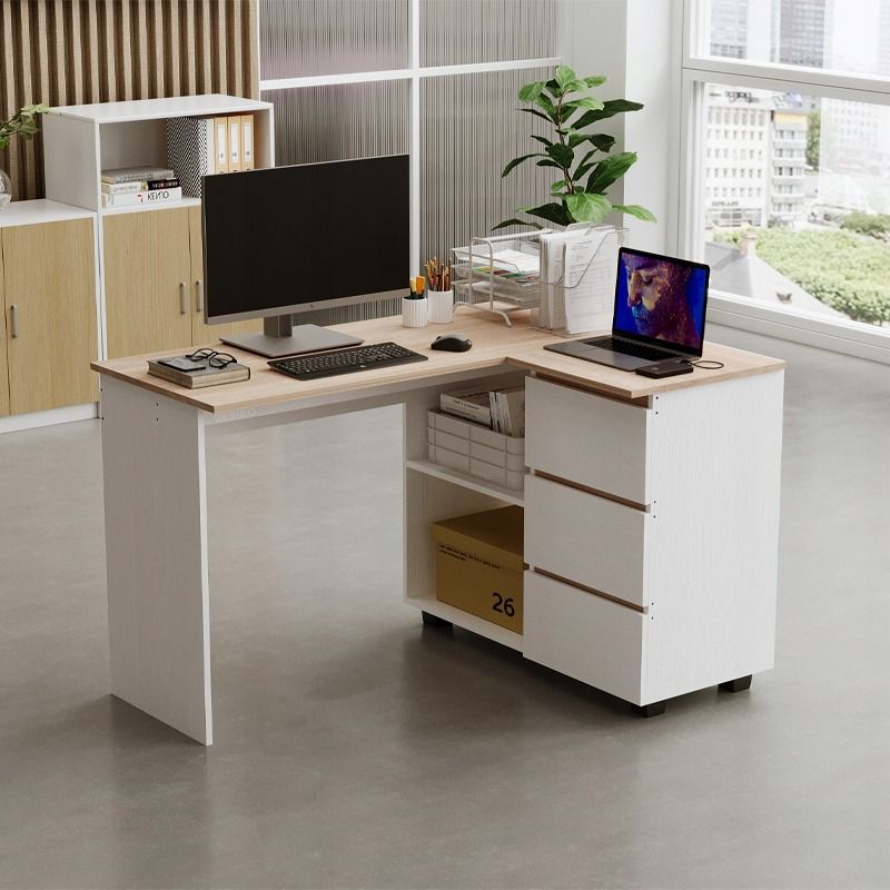 Rebiko rohový psací stůl s knihovnou, police na počítač, 3 zásuvky, moderní loft, 120 cm, 1 ks.