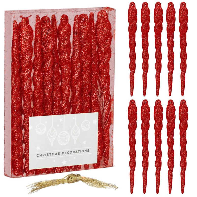 Bombki choinkowe sople Springos 10 szt. nietłukące dekoracje 12 cm brokatowe czerwone 1 kpl.