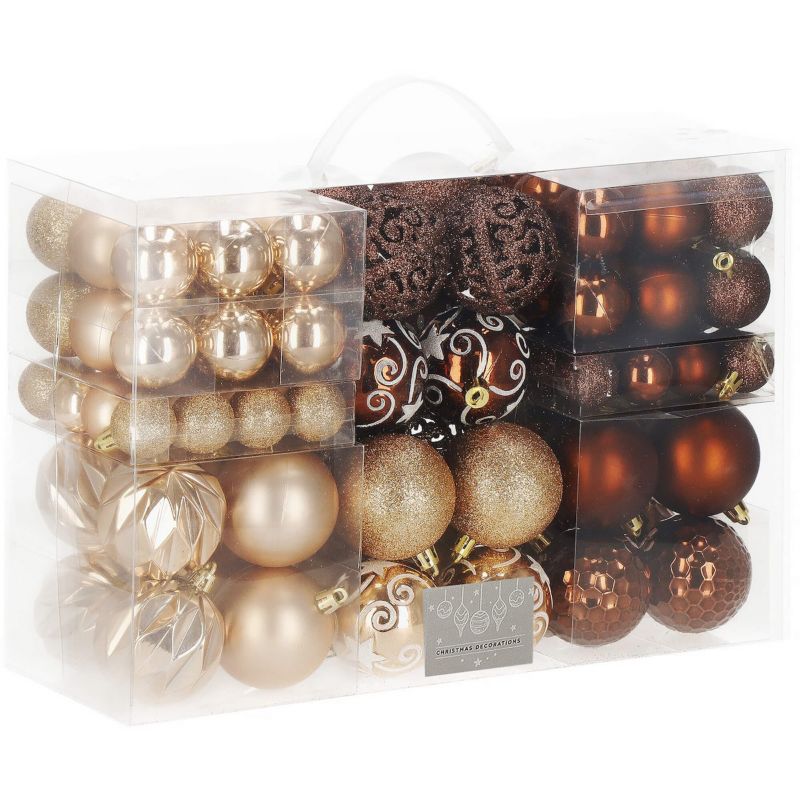 Bombki choinkowe Springos, zawieszki na choinkę z gwiazdą brązowe, rose gold, ozdoby świąteczne 101 szt.