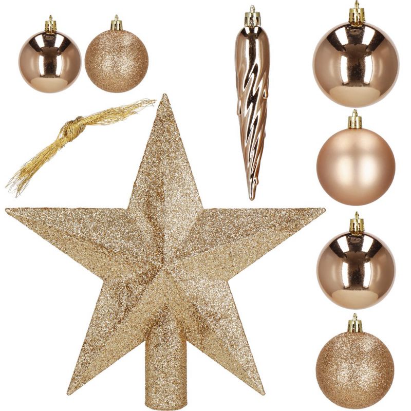 Bombki choinkowe Springos, zawieszki rose gold na choinkę z gwiazdą, ozdoby świąteczne 33 szt.