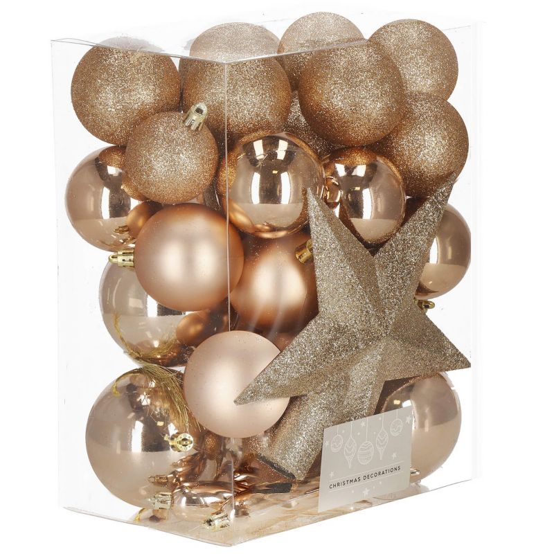 Bombki choinkowe Springos, zawieszki rose gold na choinkę z gwiazdą, ozdoby świąteczne 33 szt.