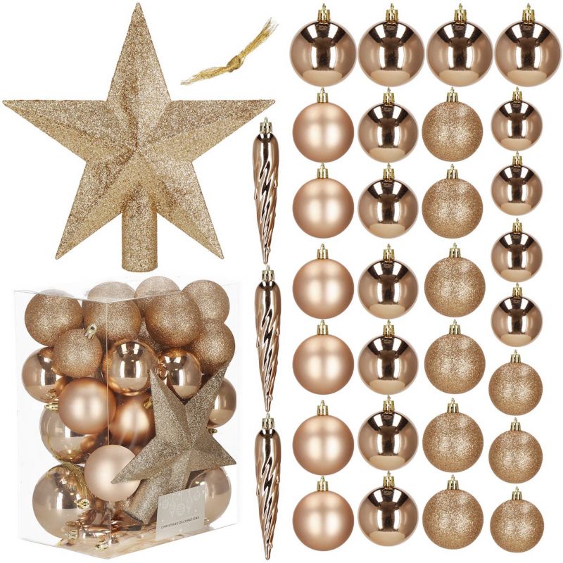 Bombki choinkowe Springos, zawieszki rose gold na choinkę z gwiazdą, ozdoby świąteczne 33 szt.