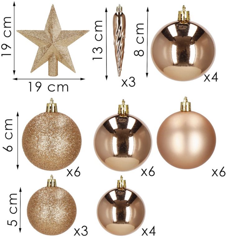 Bombki choinkowe Springos, zawieszki rose gold na choinkę z gwiazdą, ozdoby świąteczne 33 szt.