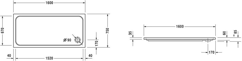 Duravit D-Code obdélníková sprchová vanička 160x75 cm, akryl, bílá, 1 ks.