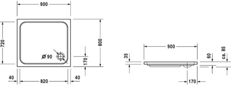 Duravit D-Code obdélníková sprchová vanička 90x80 cm, bílá, akrylát, odtok 90 mm 1 ks.