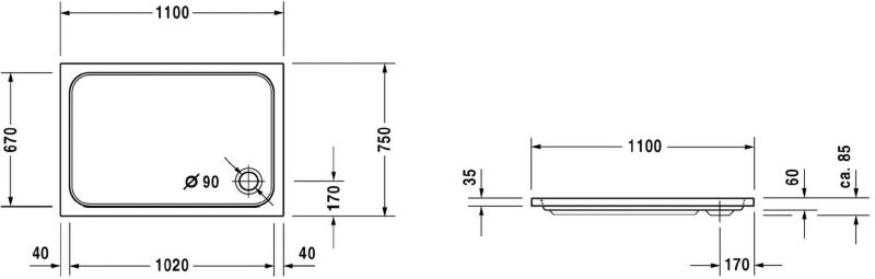 Duravit D-Code obdélníková sprchová vanička 110x75cm, akryl, bílá, hloubka 6cm, 1 ks.