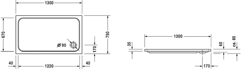 Duravit D-Code obdélníková sprchová vanička 130x75 cm akrylová bílá 90 mm 1 ks.