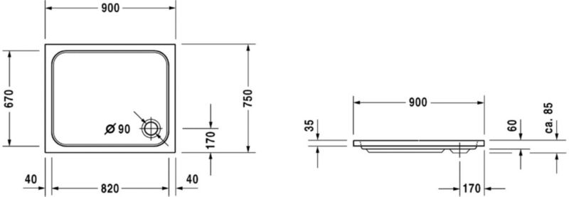 Duravit D-Code obdélníková sprchová vanička 90x75 cm bílý sanitární akrylát 90 mm 1 ks.