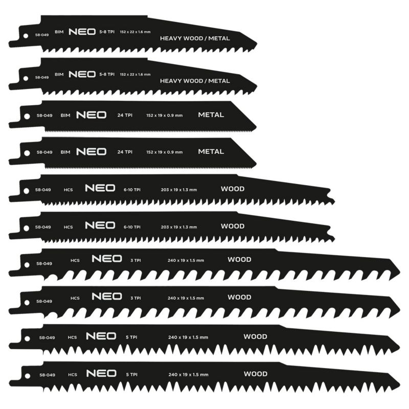 Brzeszczoty NEO TOOLS do piły szablastej, HCS/BIM, zestaw  10 szt.