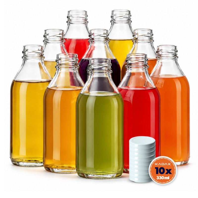 Butelka KADAX Szklana 330 ml na sok przeciery koktajle nalewki z białą zakrętką 10 szt.