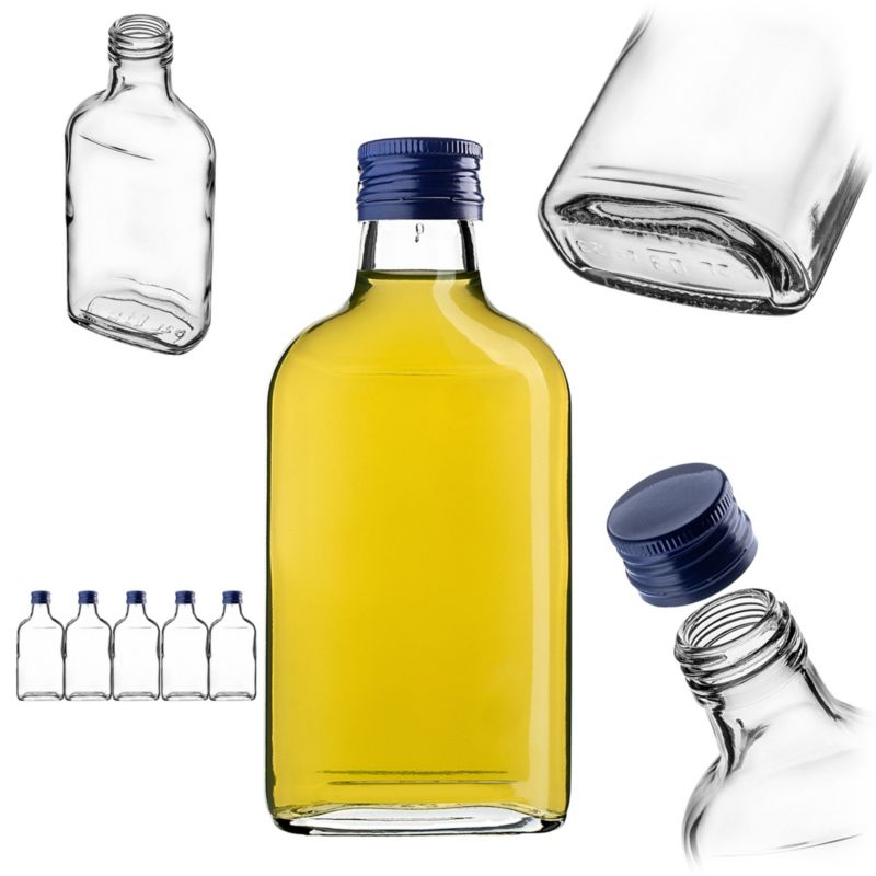 Butelka KADAX Szklana Piersiówka 200 ml Z Granatową Zakrętką 5 szt.