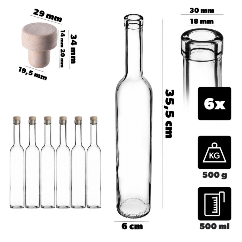 Butelka KADAX z korkiem Turcio 0,5L z korkiem fi19, 6 szt.