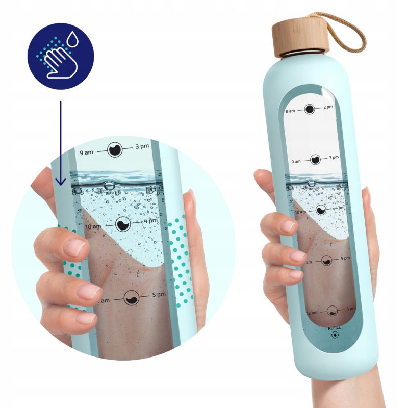 Butelka na wodę, AquaFloow, szklana, z miarką motywacyjną, bidon, w etui silikonowym, z nakrętką bambusową, 1L, błękitna, 1szt