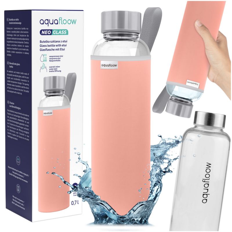 Butelka na wodę, AquaFloow, szklana, z neoprenowym etui, 700ml, bez BPA, szkło borokrzemowe, szczelna, różowy, 1szt