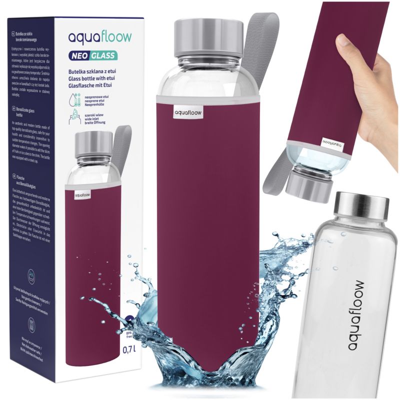 Butelka na wodę, AquaFloow, szklana, z neoprenowym etui, 700ml, szkło borokrzemowe, szczelna, burgundowy, 1szt
