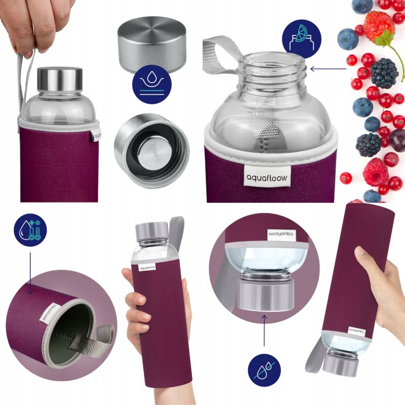 Butelka na wodę, AquaFloow, szklana, z neoprenowym etui, 700ml, szkło borokrzemowe, szczelna, burgundowy, 1szt