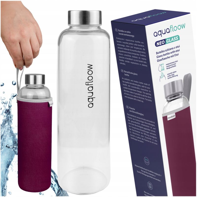 Butelka na wodę, AquaFloow, szklana, z neoprenowym etui, 700ml, szkło borokrzemowe, szczelna, burgundowy, 1szt