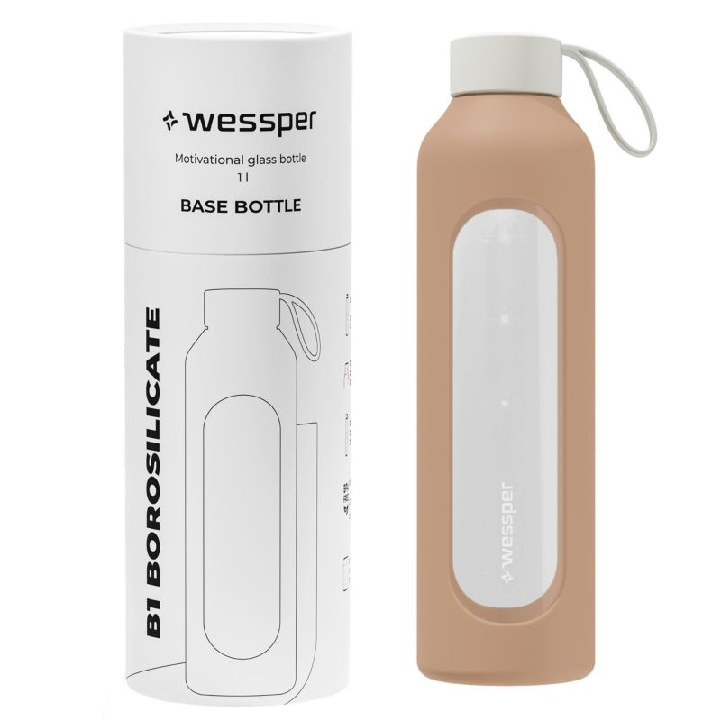 Butelka na wodę, Wessper B1, motywacyjna, z miarką, z etui silikonowym, szkło borokrzemowe, bidon, 1000ml, beżowy, 1szt