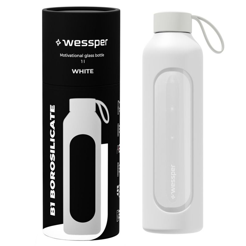 Butelka na wodę, Wessper B1, motywacyjna, z miarką, z etui silikonowym, szkło borokrzemowe, bidon, 1000ml, biały, 1szt