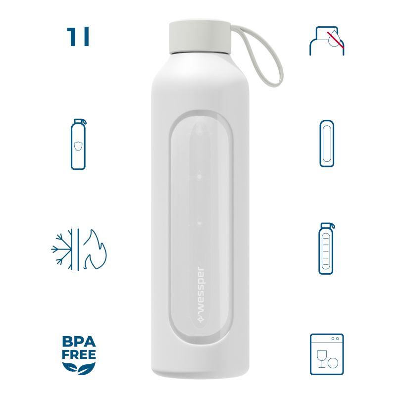 Butelka na wodę, Wessper B1, motywacyjna, z miarką, z etui silikonowym, szkło borokrzemowe, bidon, 1000ml, biały, 1szt