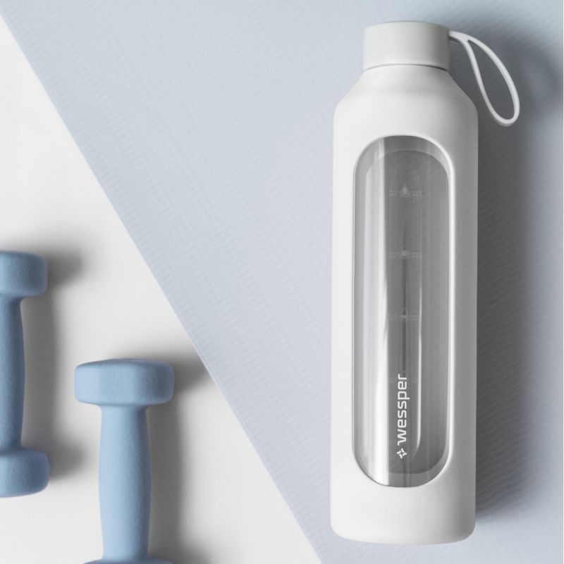 Butelka na wodę, Wessper B1, motywacyjna, z miarką, z etui silikonowym, szkło borokrzemowe, bidon, 1000ml, biały, 1szt