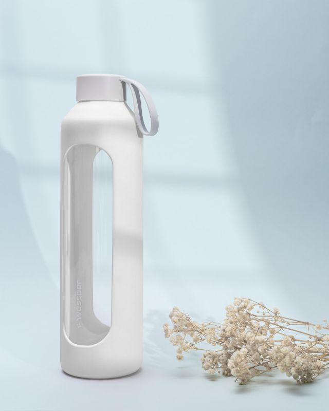 Butelka na wodę, Wessper B1, motywacyjna, z miarką, z etui silikonowym, szkło borokrzemowe, bidon, 1000ml, biały, 1szt