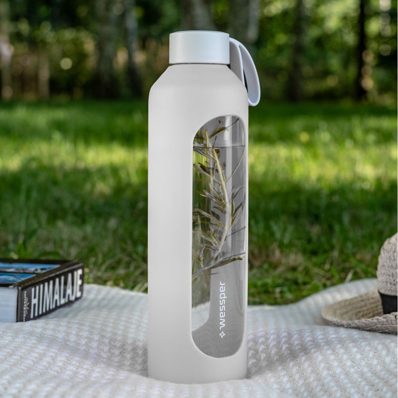 Butelka na wodę, Wessper B1, motywacyjna, z miarką, z etui silikonowym, szkło borokrzemowe, bidon, 1000ml, biały, 1szt