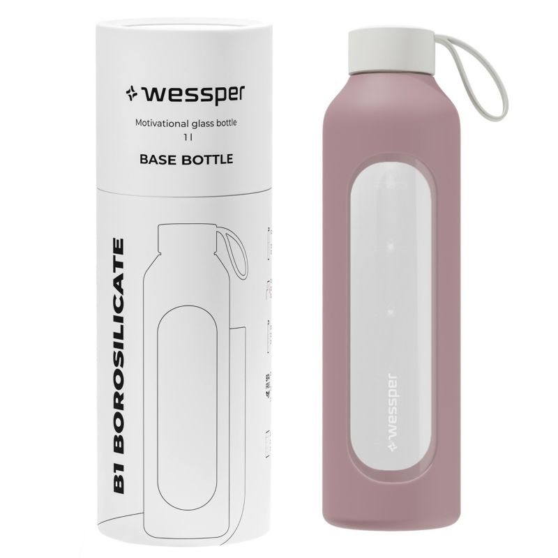 Butelka na wodę, Wessper B1, motywacyjna, z miarką, z etui silikonowym, szkło borokrzemowe, bidon, 1000ml, pudrowy róż, 1szt