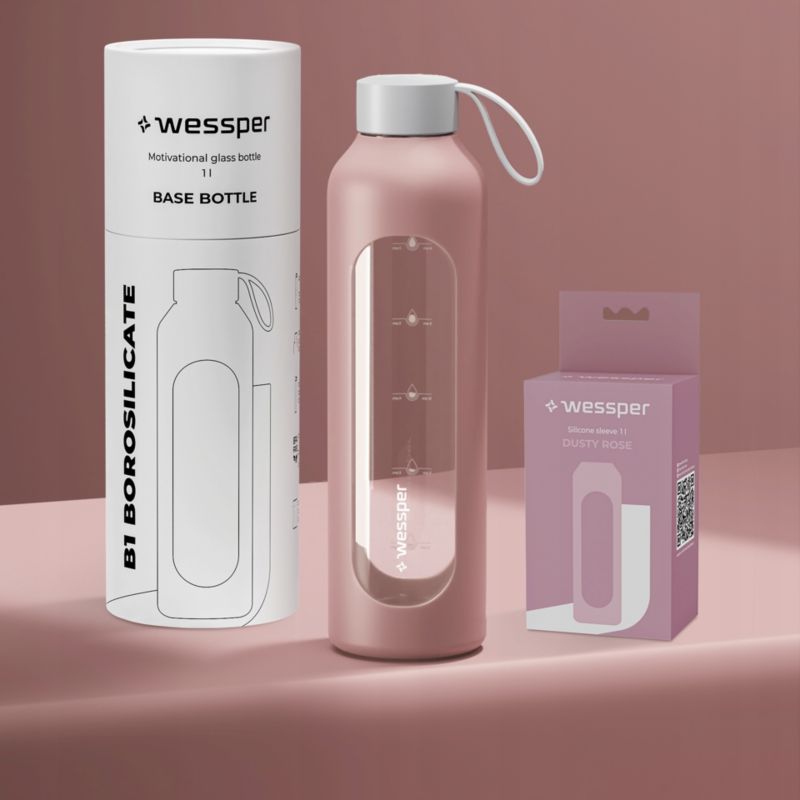 Butelka na wodę, Wessper B1, motywacyjna, z miarką, z etui silikonowym, szkło borokrzemowe, bidon, 1000ml, pudrowy róż, 1szt