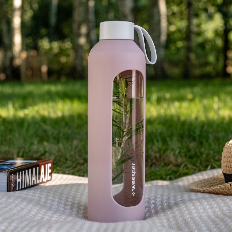 Butelka na wodę, Wessper B1, motywacyjna, z miarką, z etui silikonowym, szkło borokrzemowe, bidon, 1000ml, pudrowy róż, 1szt
