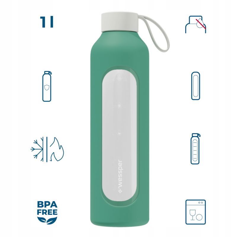 Butelka na wodę, Wessper B1, motywacyjna, z miarką, z etui silikonowym, szkło borokrzemowe, bidon, 1000ml, szmaragdowy, 1szt