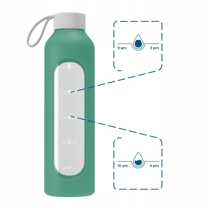 Butelka na wodę, Wessper B1, motywacyjna, z miarką, z etui silikonowym, szkło borokrzemowe, bidon, 1000ml, szmaragdowy, 1szt