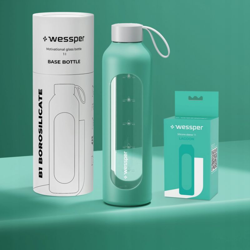 Butelka na wodę, Wessper B1, motywacyjna, z miarką, z etui silikonowym, szkło borokrzemowe, bidon, 1000ml, szmaragdowy, 1szt