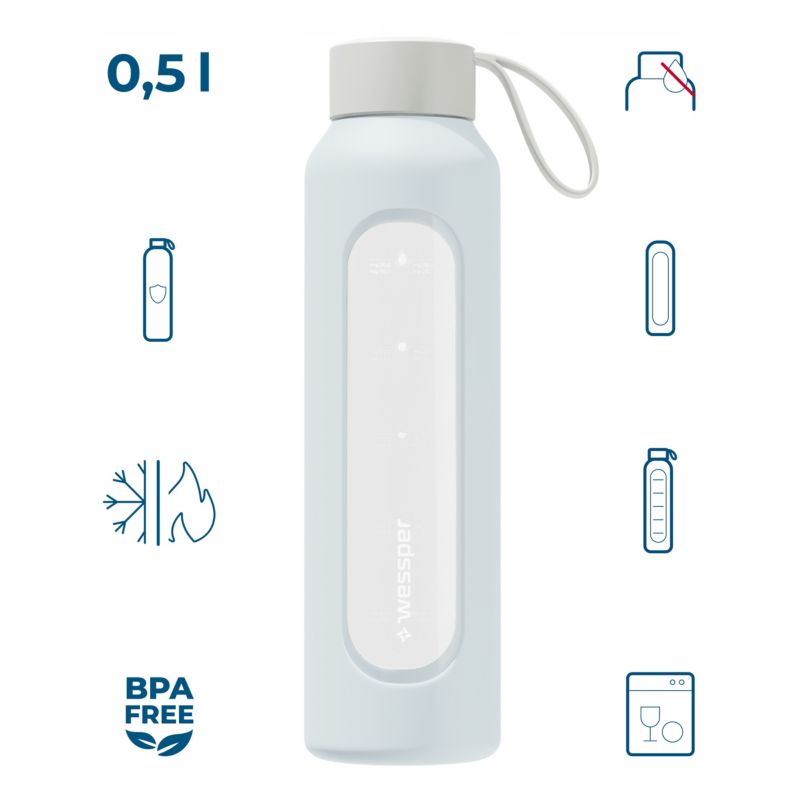 Butelka na wodę, Wessper B1, motywacyjna, z miarką, z etui, szkło borokrzemowe, bidon, 500ml, jasnoniebieska, 1szt