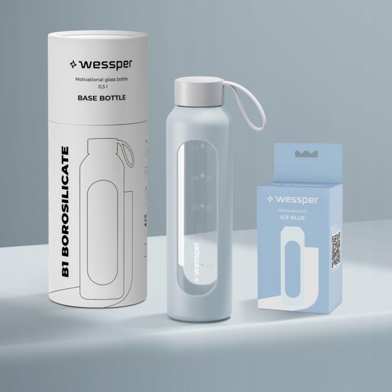 Butelka na wodę, Wessper B1, motywacyjna, z miarką, z etui, szkło borokrzemowe, bidon, 500ml, jasnoniebieska, 1szt