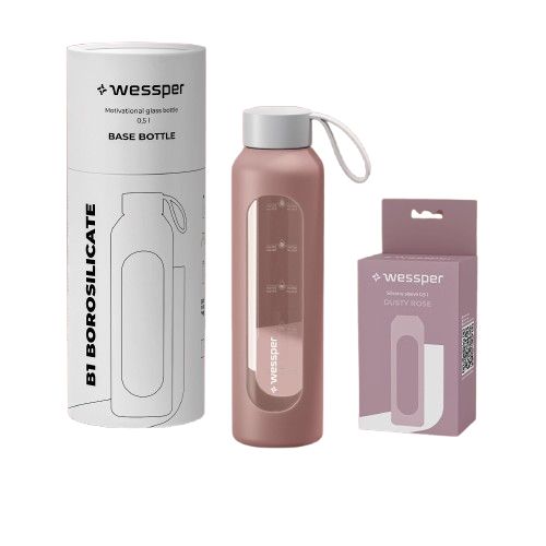 Butelka na wodę, Wessper B1, motywacyjna, z miarką, z etui, szkło borokrzemowe, bidon, 500ml, pudrowy róż, 1szt
