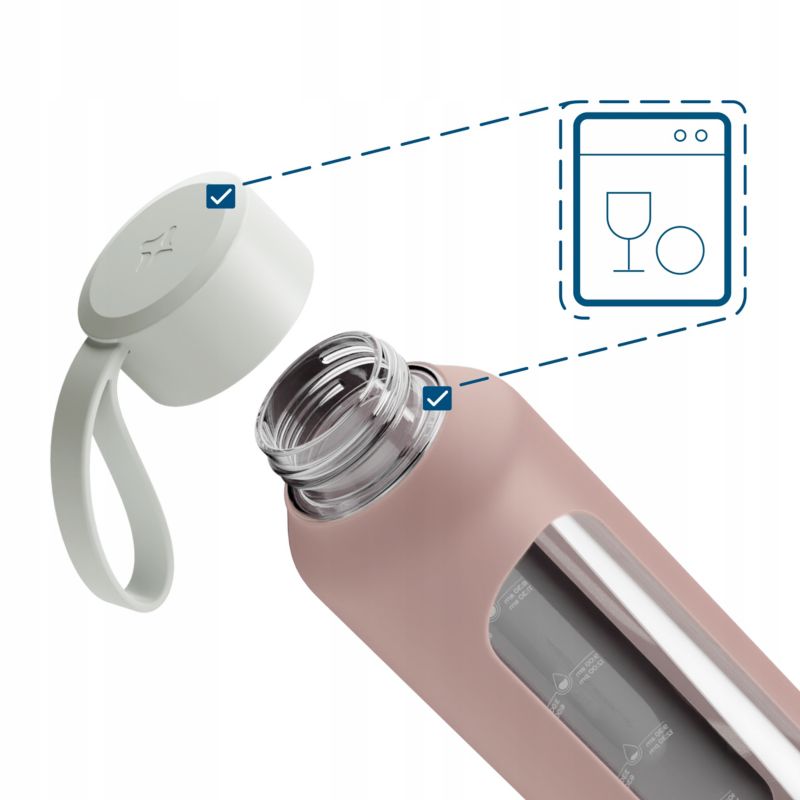 Butelka na wodę, Wessper B1, motywacyjna, z miarką, z etui, szkło borokrzemowe, bidon, 500ml, pudrowy róż, 1szt