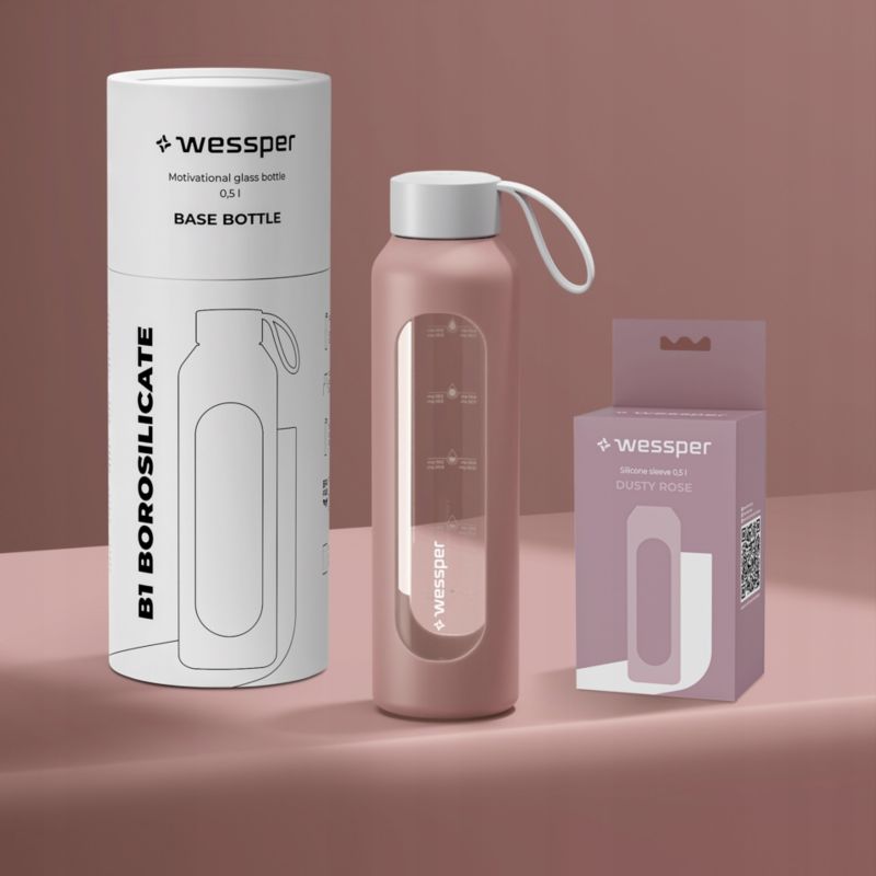 Butelka na wodę, Wessper B1, motywacyjna, z miarką, z etui, szkło borokrzemowe, bidon, 500ml, pudrowy róż, 1szt