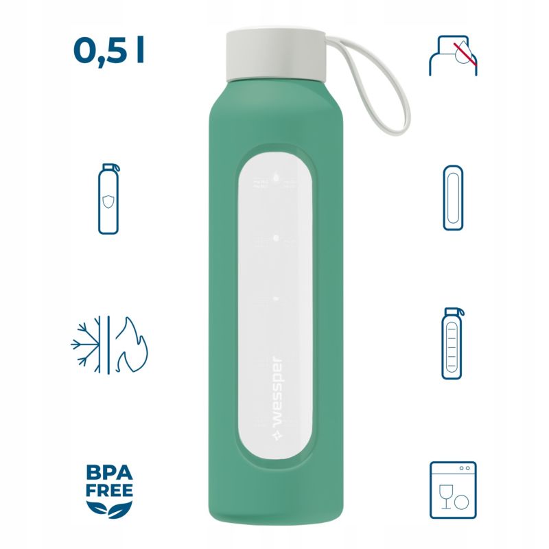 Butelka na wodę, Wessper B1, motywacyjna, z miarką, z etui, szkło borokrzemowe, bidon, 500ml, szmaragdowa, 1szt